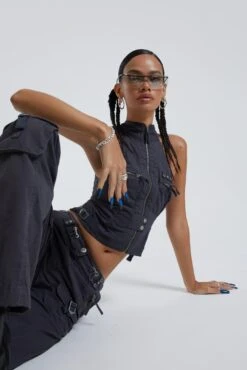 Jaded London Vintage Grey Cargo Halter Neck Top With Pocket Detail -JADEDLDN Sales BLUEPRINT ECCOM1615