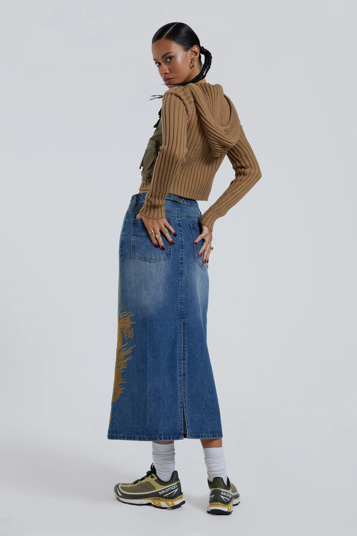 Jaded London Serpent Denim Slit Maxi Skirt 8 Jaded London Serpent Denim Slit Maxi Skirt - Image 6